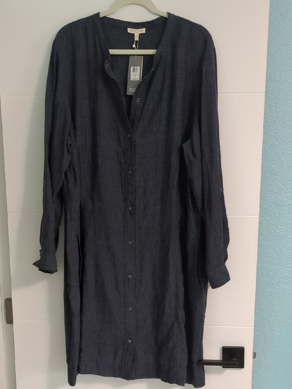 Eileen Fisher Mandarin Collar Linen Snap Button Down Shirt Dress Coastal Sz 2X
